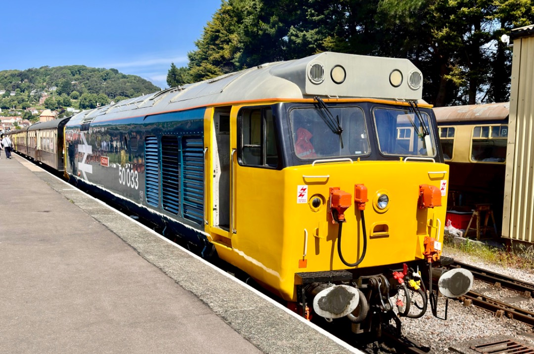 Michael Gates on Train Siding: Class 50, 50033 Glorious waits in the sunshine at Minehead to take the 11.40 service to Bishops Lydeard.