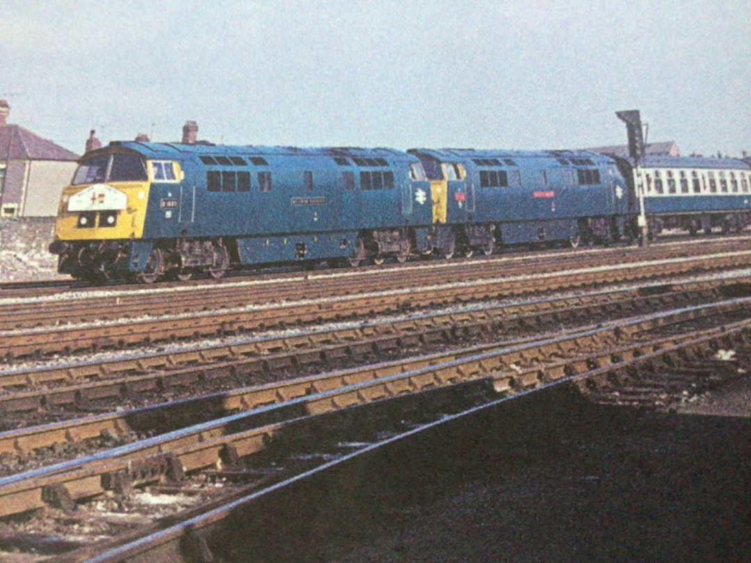 Alex Coomber on Train Siding: A Pair of Class 52s. No. 1023 Western Fusiler and No. 1013 Western Ranger passes Cardiff on 26th February 1977.