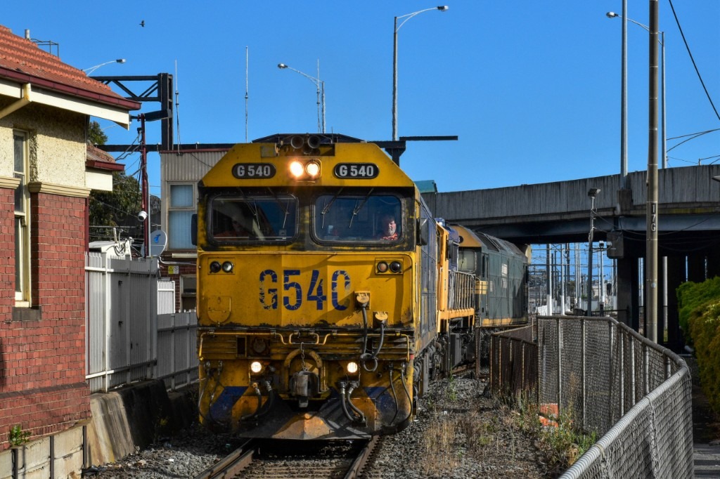 Shawn Stutsel on Train Siding: Pacific National's G540, X48, and G523 roll through Newport, Melbourne, on a Light Engine Movement from Gheringhap
(Geelong)to UGL...