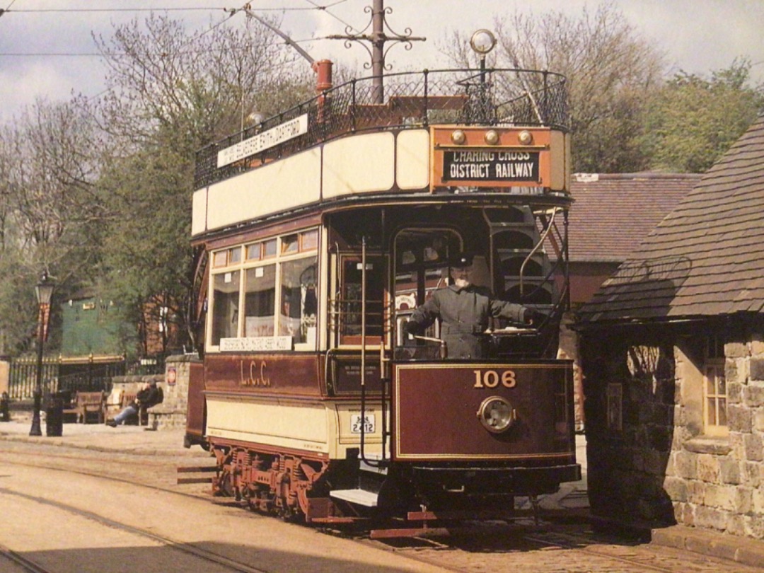 Alex Coomber on Train Siding: A London County Council open topped tram No. 106 approaches the main entrance at the National Tramway Museum at Crich. Note the
attention...