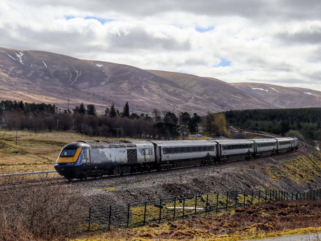 The Jamster on Train Siding: Scotrail 43026 heads north at Dalwhinnie working 1H11 1007 Glasgow Queen Street to Inverness. 23/04/24