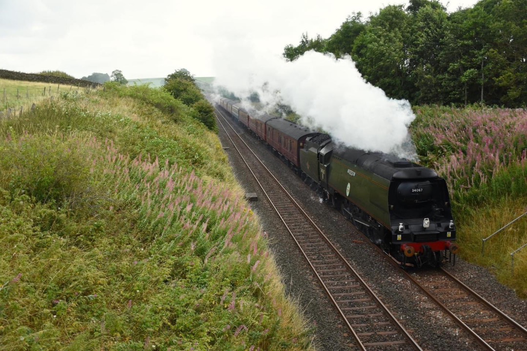 Inter City Railway Society on Train Siding: 34067 TANGMERE working 1Z67 YORK - CARLISLE, seen just after departing Hellifield Goods Loop on 18th August 2024.