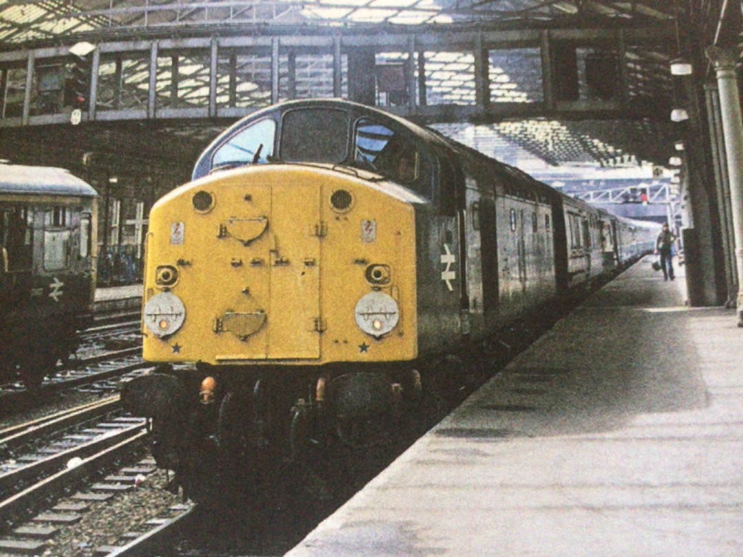 Alex Coomber on Train Siding: A Class 40. 40017 draws into Huddersfield with a service from Liverpool to Newcastle on 12th April 1977.