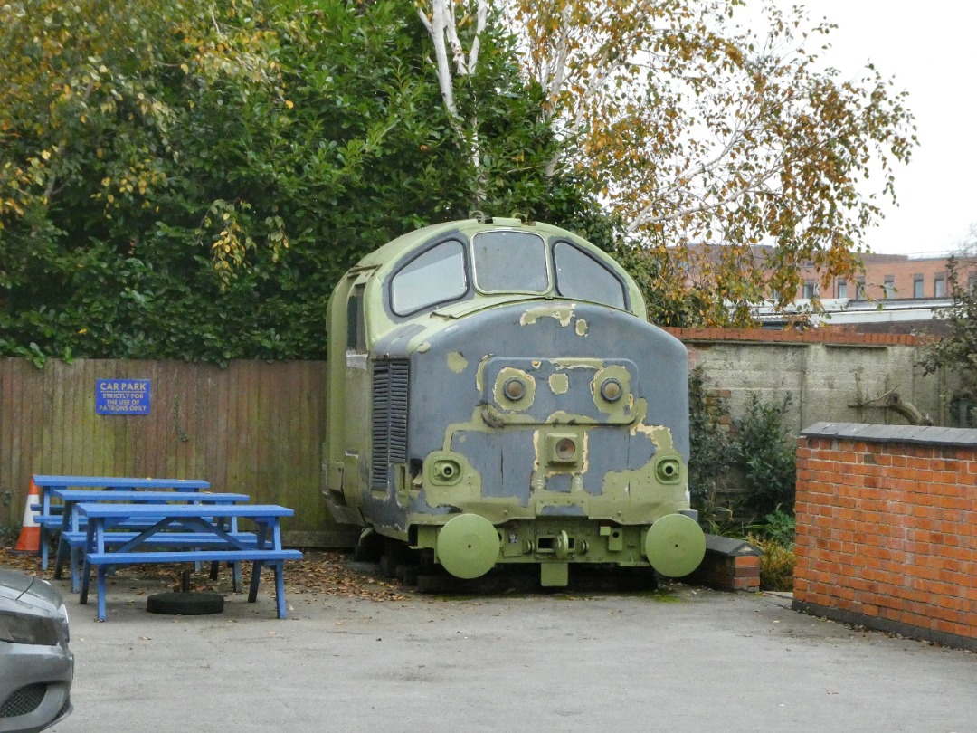 The Jamster on Train Siding: One cab of the now scrapped former EWS 37411 survives in the beer garden of the Alexandra Hotel in Derby. 04/11/24