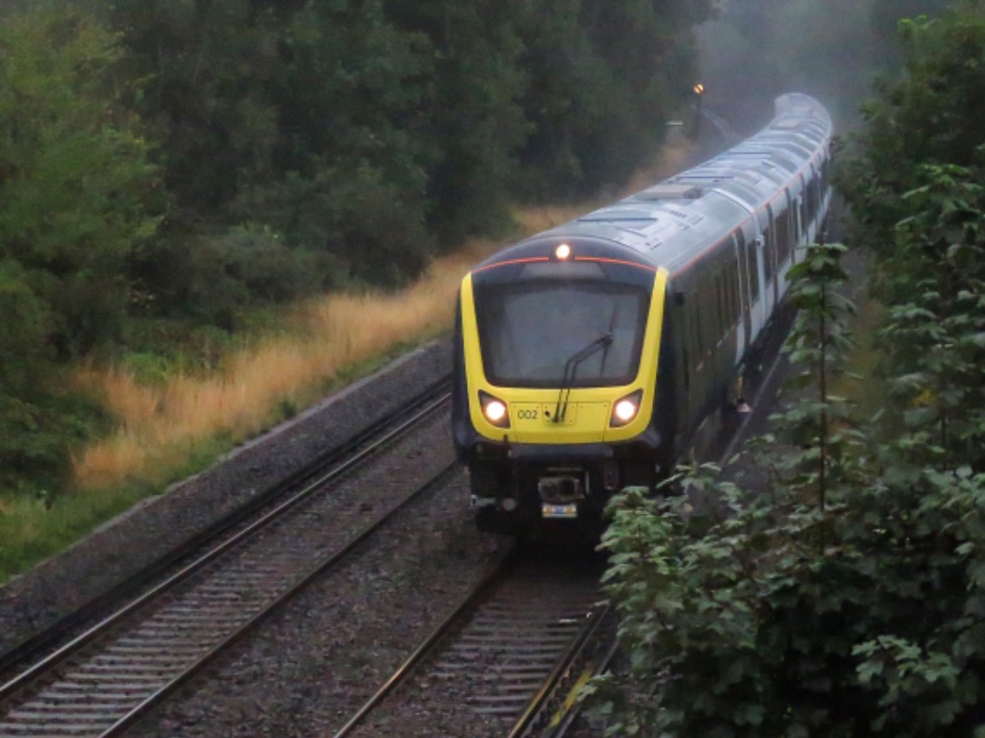 Andrew Brown on Train Siding: SWR's 701002 out on test in the rain, passing Winchester, on 5Q30 Eastleigh Works to London Waterloo. 09:32 19/8/20