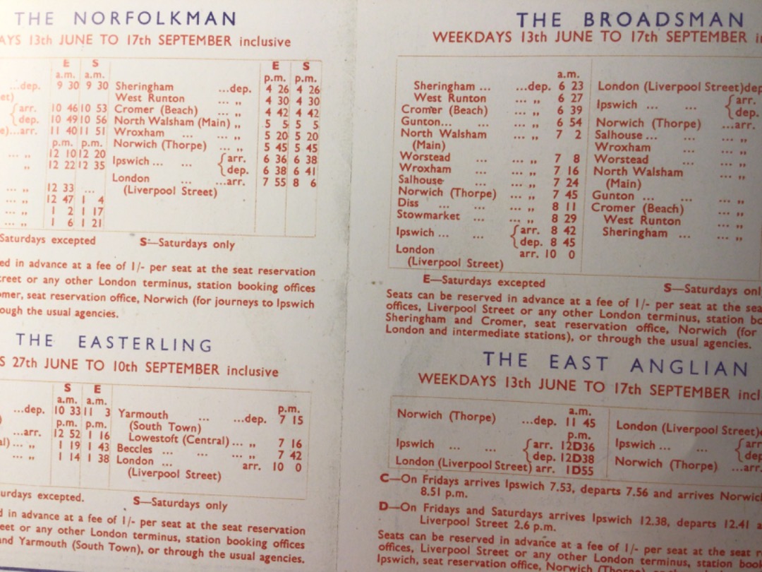 Alex Coomber on Train Siding: The Summer 1955 timetables for 4 named trains including The Easterling serving East Anglia from London Liverpool Street.