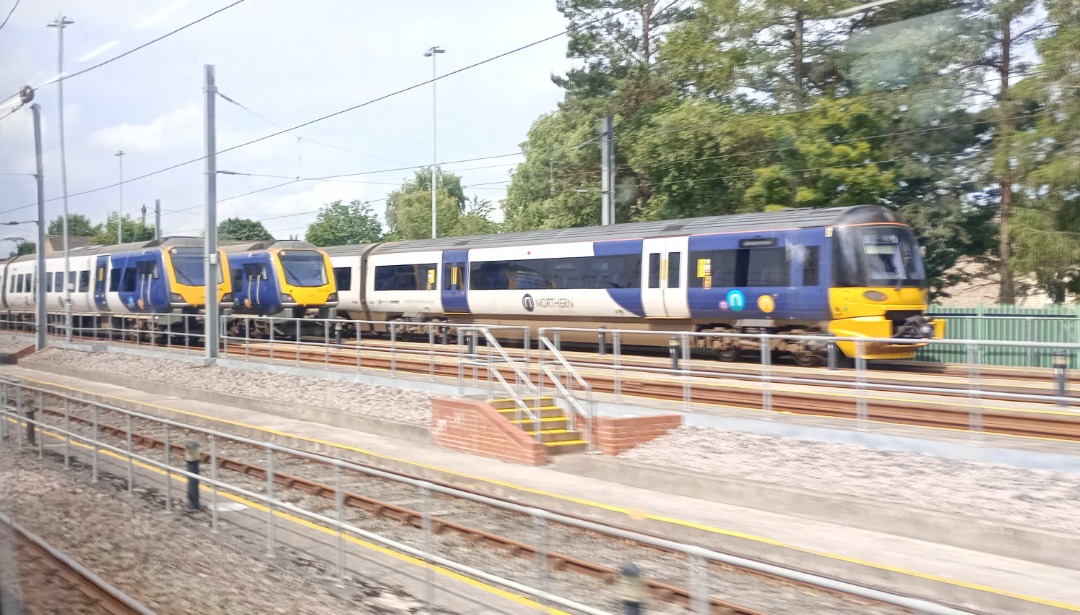 Hardley Distant on Train Siding: CURRENT: 331005 (Left) 331004 (Centre) and 333002 (Right) are seen stabled at Skipton Carriage Sidings today between duties.